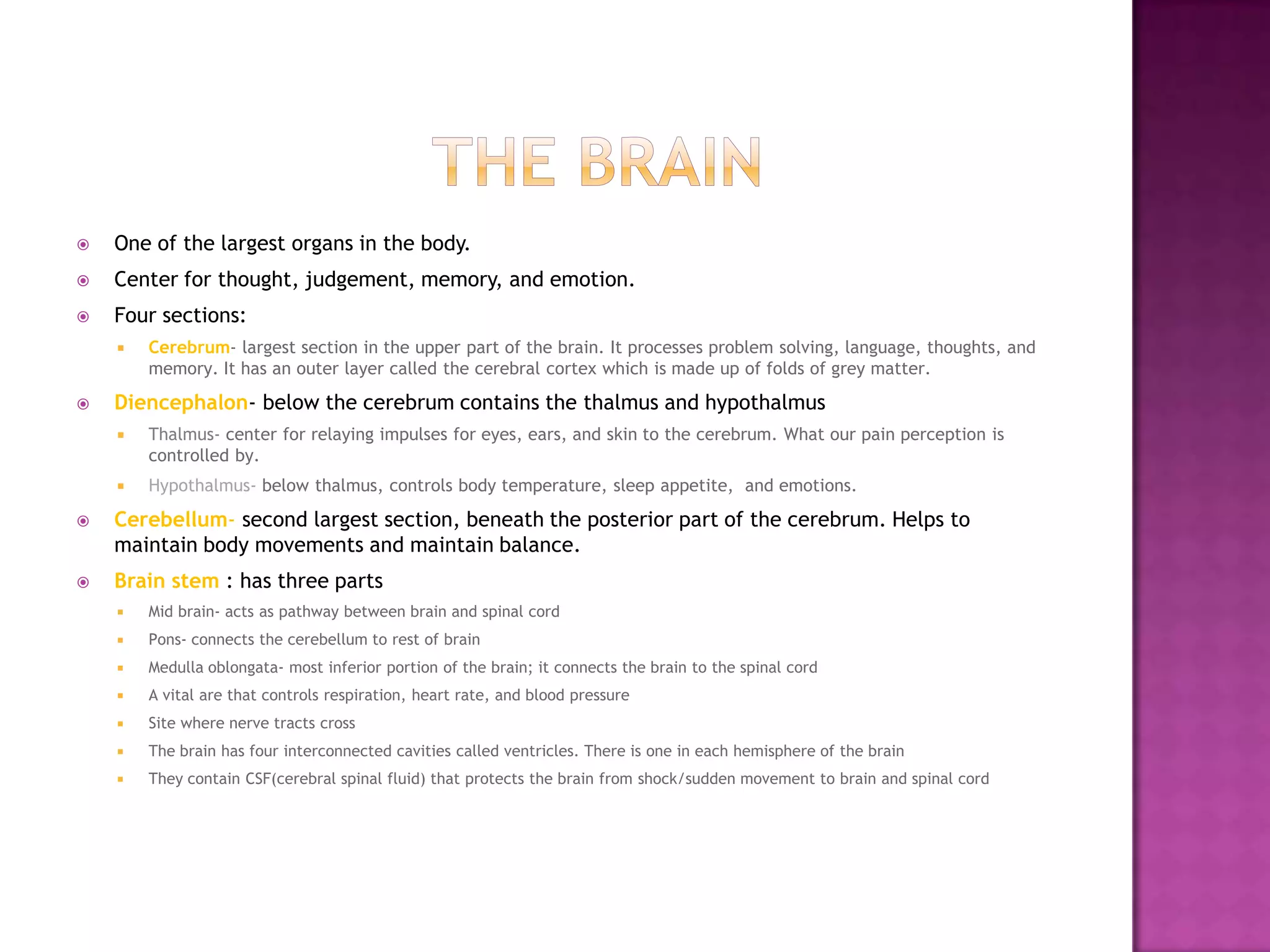 The BrainOne of the largest organs in the body.Center for thought, judgement, memory, and emotion.Four sections:Cerebrum- largest section in the upper part of the brain. It processes problem solving, language, thoughts, and memory. It has an outer layer called the cerebral cortex which is made up of folds of grey matter.Diencephalon- below the cerebrum contains the thalmus and hypothalmusThalmus- center for relaying impulses for eyes, ears, and skin to the cerebrum. What our pain perception is controlled by.Hypothalmus- below thalmus, controls body temperature, sleep appetite,  and emotions.Cerebellum- second largest section, beneath the posterior part of the cerebrum. Helps to maintain body movements and maintain balance.Brain stem : has three partsMid brain- acts as pathway between brain and spinal cordPons- connects the cerebellum to rest of brainMedulla oblongata- most inferior portion of the brain; it connects the brain to the spinal cordA vital are that controls respiration, heart rate, and blood pressureSite where nerve tracts crossThe brain has four interconnected cavities called ventricles. There is one in each hemisphere of the brainThey contain CSF(cerebral spinal fluid) that protects the brain from shock/sudden movement to brain and spinal cord