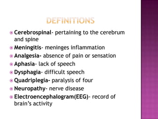 DefinitionsCerebrospinal- pertaining to the cerebrum and spineMeningitis- meninges inflammationAnalgesia- absence of pain or sensationAphasia- lack of speechDysphagia- difficult speechQuadriplegia- paralysis of fourNeuropathy- nerve diseaseElectroencephalogram(EEG)- record of brain’s activity