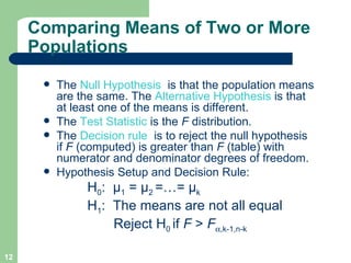 The   Null Hypothesis   is that the population means are the same. The  Alternative Hypothesis  is that at least one of the means is different. The   Test Statistic  is the  F  distribution.  The  Decision rule   is to reject the null hypothesis if  F  (computed) is greater than  F  (table) with numerator and denominator degrees of freedom.  Hypothesis Setup and Decision Rule: H 0 :  µ 1  = µ 2  =…= µ k  H 1 :  The means are not all equal Reject  H 0  if  F  >  F  ,k-1,n-k Comparing Means of Two or More Populations 