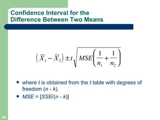 Confidence Interval for the  Difference Between Two Means where  t  is obtained from the  t  table with degrees of freedom ( n  -  k ). MSE  = [ SSE /( n - k )] 