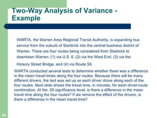 WARTA, the Warren Area Regional Transit Authority, is expanding bus service from the suburb of Starbrick into the central business district of Warren. There are four routes being considered from Starbrick to downtown Warren: (1) via U.S. 6, (2) via the West End, (3) via the Hickory Street Bridge, and (4) via Route 59.   Two-Way Analysis of Variance - Example WARTA conducted several tests to determine whether there was a difference in the mean travel times along the four routes. Because there will be many different drivers, the test was set up so each driver drove along each of the four routes. Next slide shows the travel time, in minutes, for each driver-route combination. At the .05 significance level, is there a difference in the mean travel time along the four routes? If we remove the effect of the drivers, is there a difference in the mean travel time? 