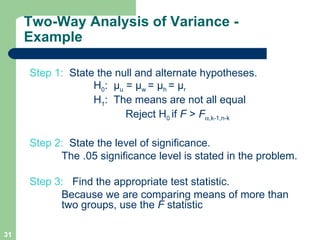 Step 1:  State the null and alternate hypotheses.  H 0 :  µ u  = µ w  = µ h  = µ r  H 1 :  The means are not all equal Reject  H 0  if  F  >  F  ,k-1,n-k Step 2:   State the level of significance.  The .05 significance level is stated in the problem. Step 3:  Find the appropriate test statistic.   Because we are comparing means of more than  two groups, use the  F  statistic Two-Way Analysis of Variance - Example 