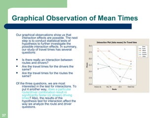 Graphical Observation of Mean Times Our graphical observations show us that interaction effects are possible. The next step is to conduct statistical tests of hypothesis to further investigate the possible interaction effects. In summary, our study of travel times has several questions: Is there really an interaction between routes and drivers? Are the travel times for the drivers the same? Are the travel times for the routes the same? Of the three questions, we are most interested in the test for interactions. To put it another way,  does a particular route/driver combination result in significantly faster (or slower) driving times ? Also, the results of the hypothesis test for interaction affect the way we analyze the route and driver questions. 