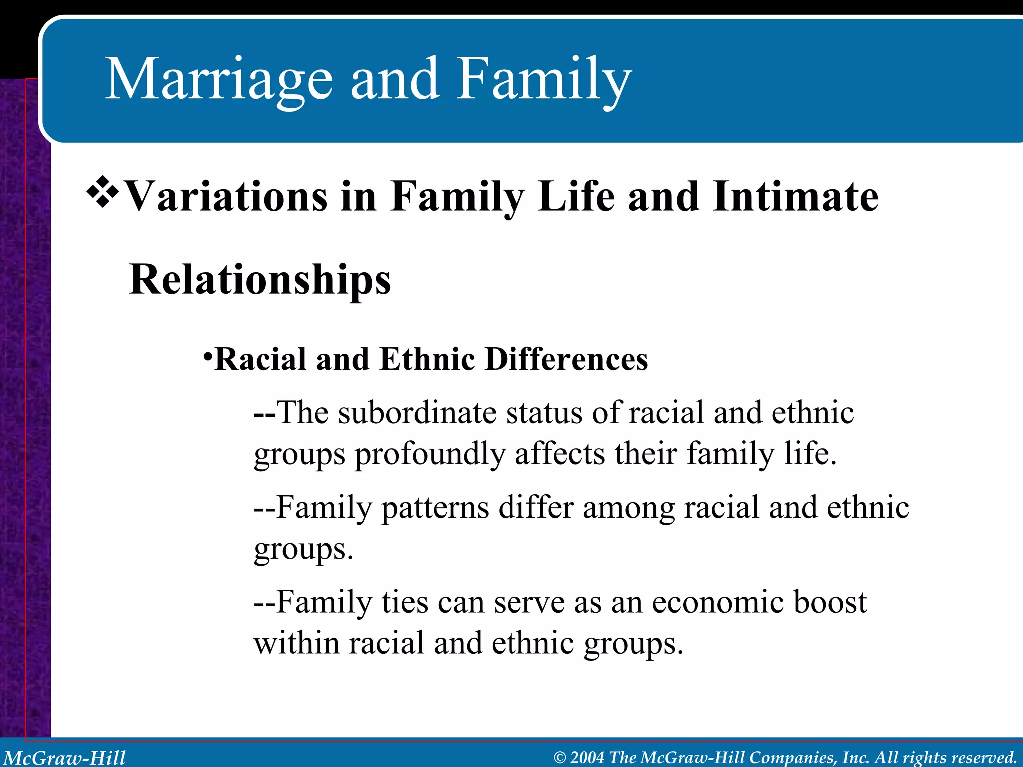 Marriage and Family Variations in Family Life and Intimate Relationships Racial and Ethnic Differences -- The subordinate status of racial and ethnic groups profoundly affects their family life. --Family patterns differ among racial and ethnic groups. --Family ties can serve as an economic boost within racial and ethnic groups. 