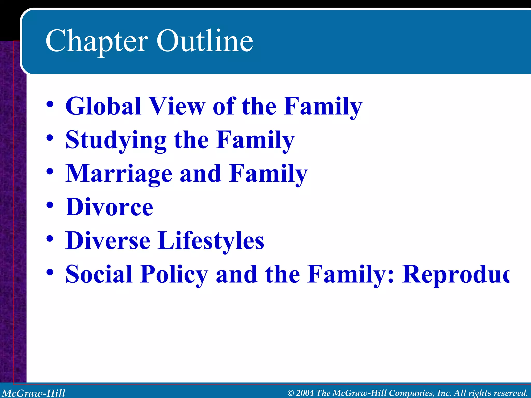 Chapter Outline Global View of the Family Studying the Family Marriage and Family Divorce Diverse Lifestyles Social Policy and the Family: Reproductive Technology 