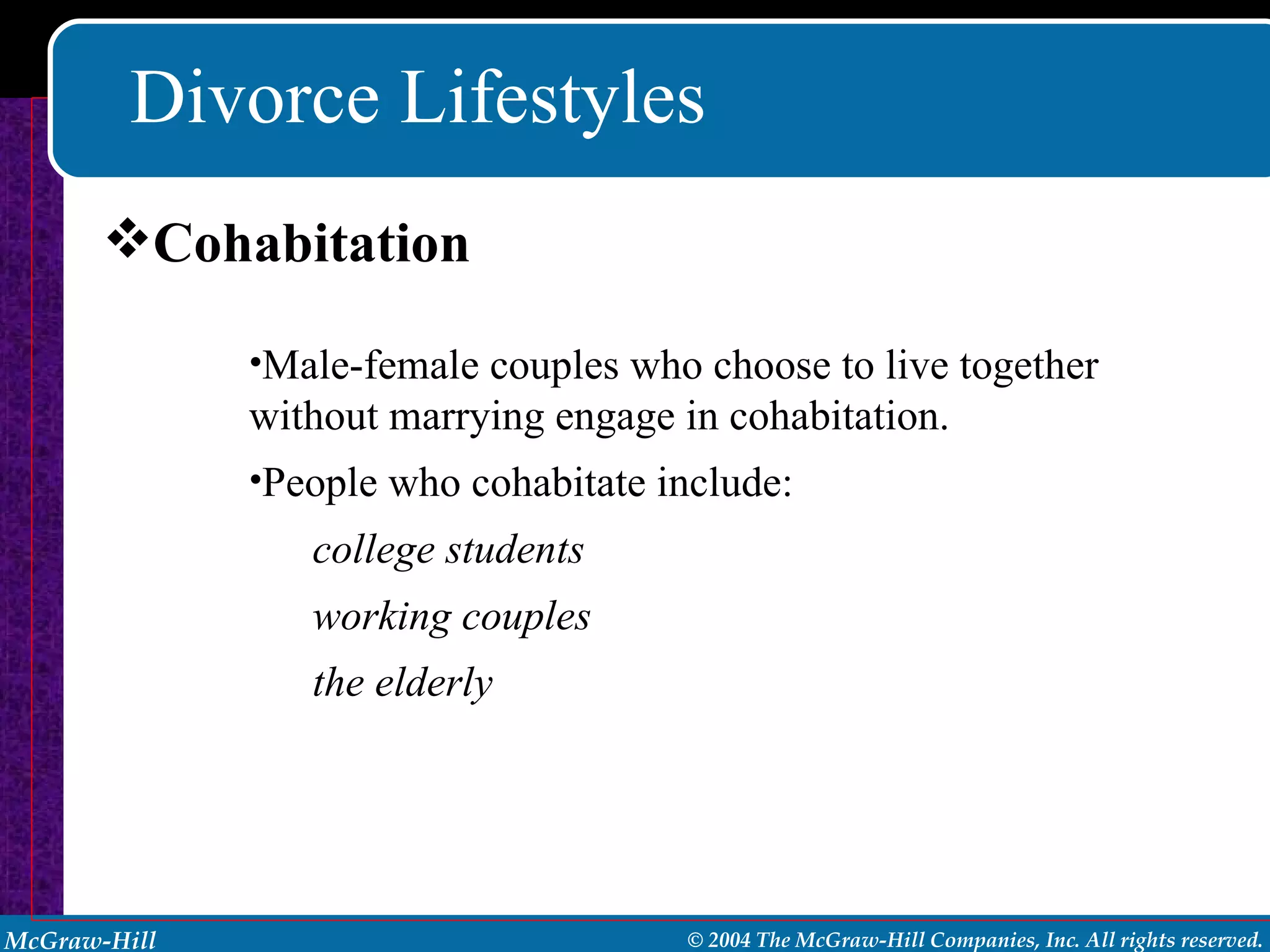 Divorce Lifestyles Cohabitation Male-female couples who choose to live together without marrying engage in cohabitation. People who cohabitate include: college students working couples the elderly 
