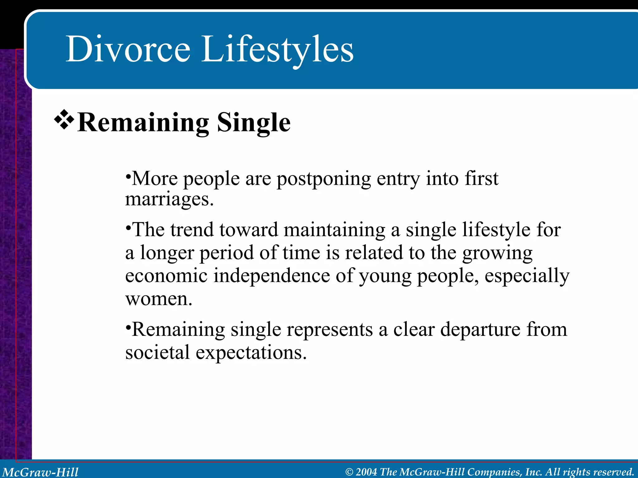 Divorce Lifestyles Remaining Single More people are postponing entry into first marriages. The trend toward maintaining a single lifestyle for a longer period of time is related to the growing economic independence of young people, especially women. Remaining single represents a clear departure from societal expectations. 