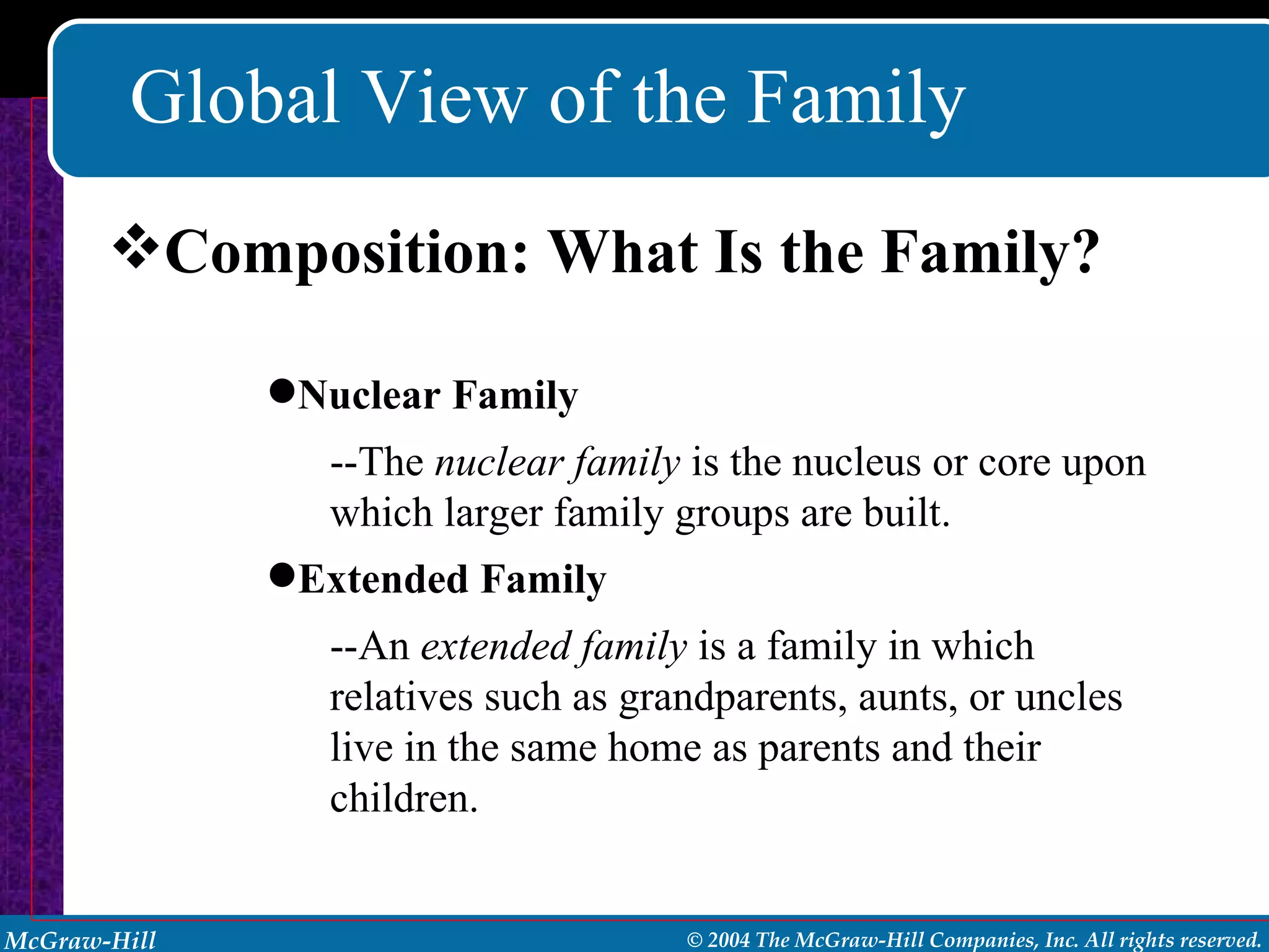Global View of the Family Composition: What Is the Family? Nuclear Family --The  nuclear family  is the nucleus or core upon which larger family groups are built. Extended Family --An  extended family  is a family in which relatives such as grandparents, aunts, or uncles live in the same home as parents and their children. 