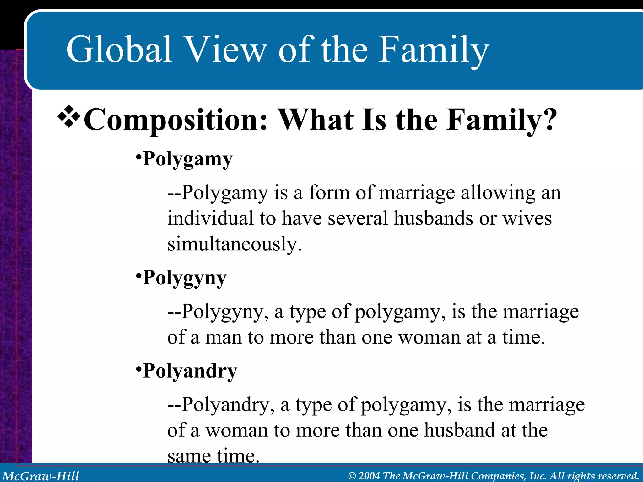 Global View of the Family Composition: What Is the Family? Polygamy --Polygamy is a form of marriage allowing an individual to have several husbands or wives simultaneously. Polygyny --Polygyny, a type of polygamy, is the marriage of a man to more than one woman at a time. Polyandry --Polyandry, a type of polygamy, is the marriage of a woman to more than one husband at the same time. 