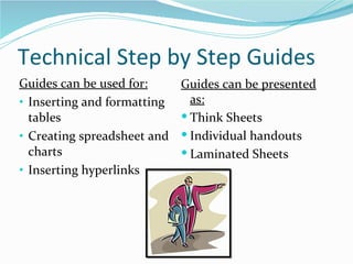 Technical Step by Step Guides Guides can be used for: Inserting and formatting tables Creating spreadsheet and charts Inserting hyperlinks Guides can be presented as: Think Sheets Individual handouts Laminated Sheets 