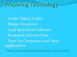 Preparing Technology Create Digital Folder Design Templates Load Specialized Software Bookmark Internet Sites Turn On Computers and Open Applications http://www.youtube.com/watch?v=cpv-qUyp0FI   
