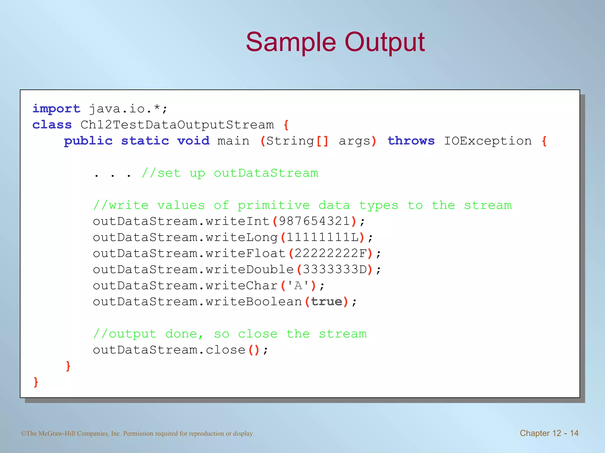 Sample Output import   java.io.*; class   Ch12TestDataOutputStream  { public static void   main  ( String []  args )  throws   IOException  { . . .  //set up outDataStream //write values of primitive data types to the stream outDataStream.writeInt ( 987654321 ) ; outDataStream.writeLong ( 11111111L ) ; outDataStream.writeFloat ( 22222222F ) ; outDataStream.writeDouble ( 3333333D ) ; outDataStream.writeChar ( 'A' ) ; outDataStream.writeBoolean ( true ) ; //output done, so close the stream outDataStream.close () ; } } 