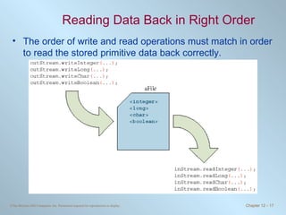 Reading Data Back in Right Order The order of write and read operations must match in order to read the stored primitive data back correctly. 