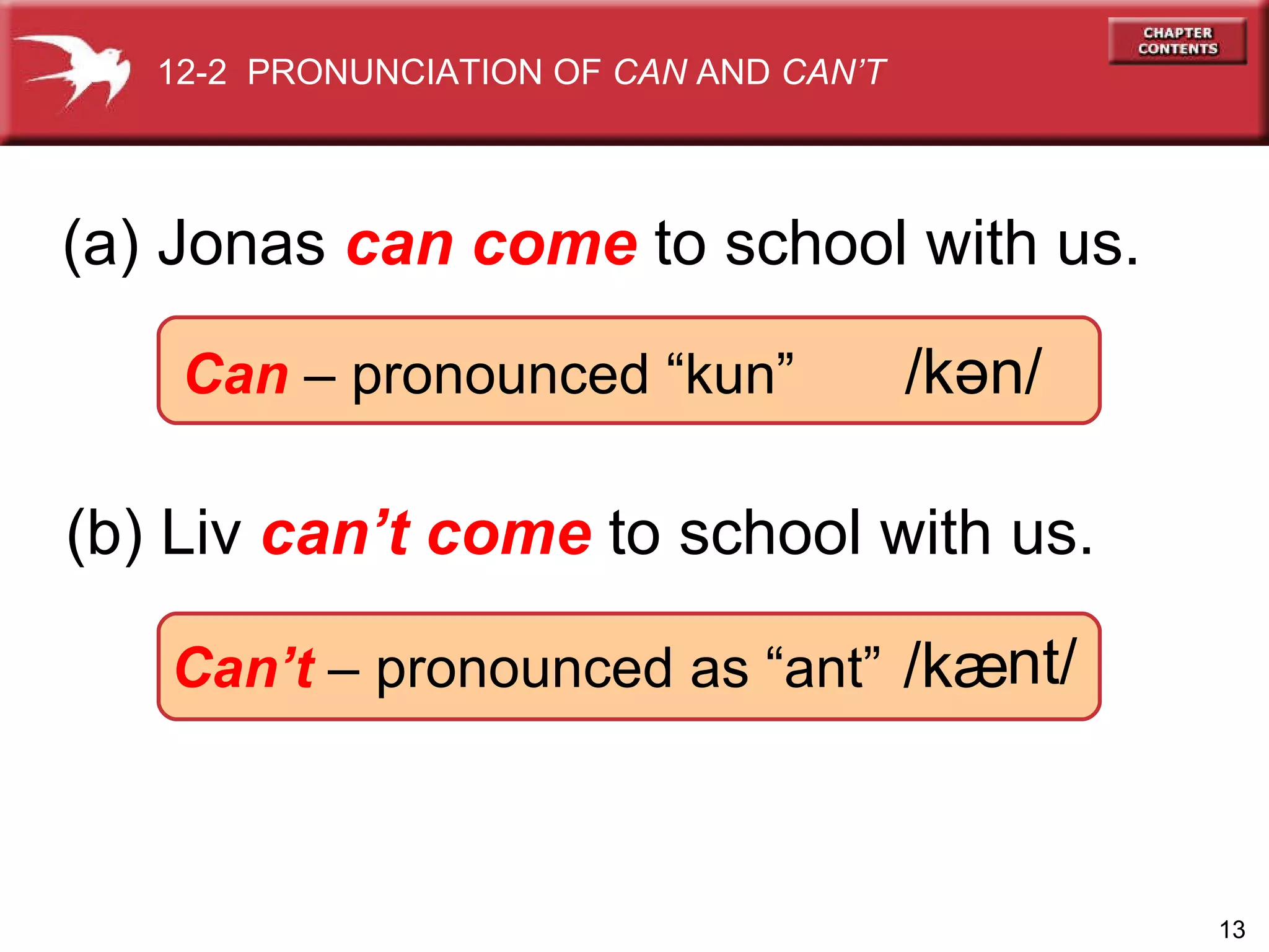 (a) Jonas  can come  to school with us. (b) Liv  can’t come  to school with us. Can  – pronounced “kun”  /kən/ Can’t  – pronounced as “ant”   /kæ nt/ 12-2  PRONUNCIATION OF  CAN  AND  CAN’T 