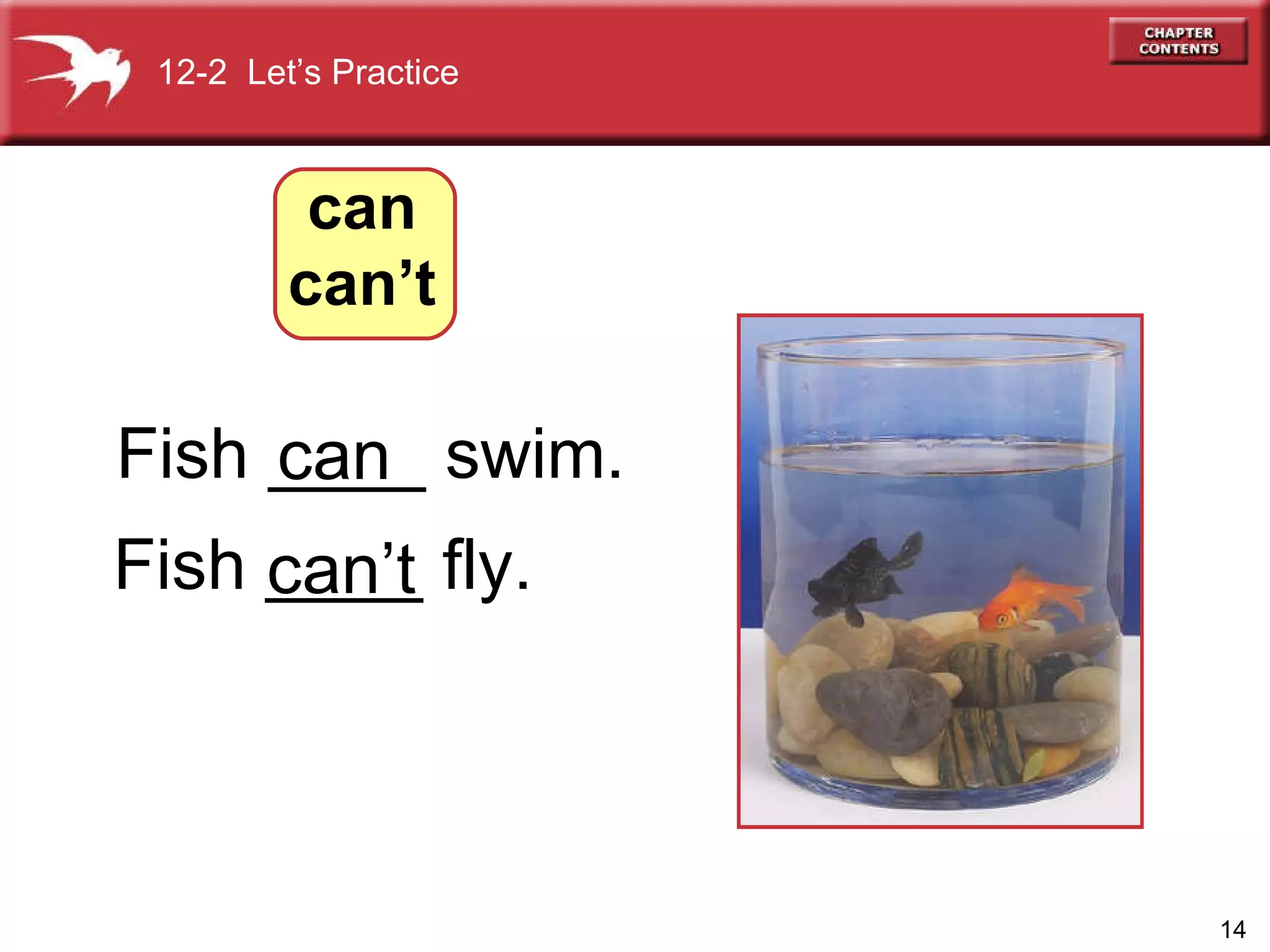Fish ____ swim. Fish ____ fly. 12-2  Let’s Practice can can’t can can’t 