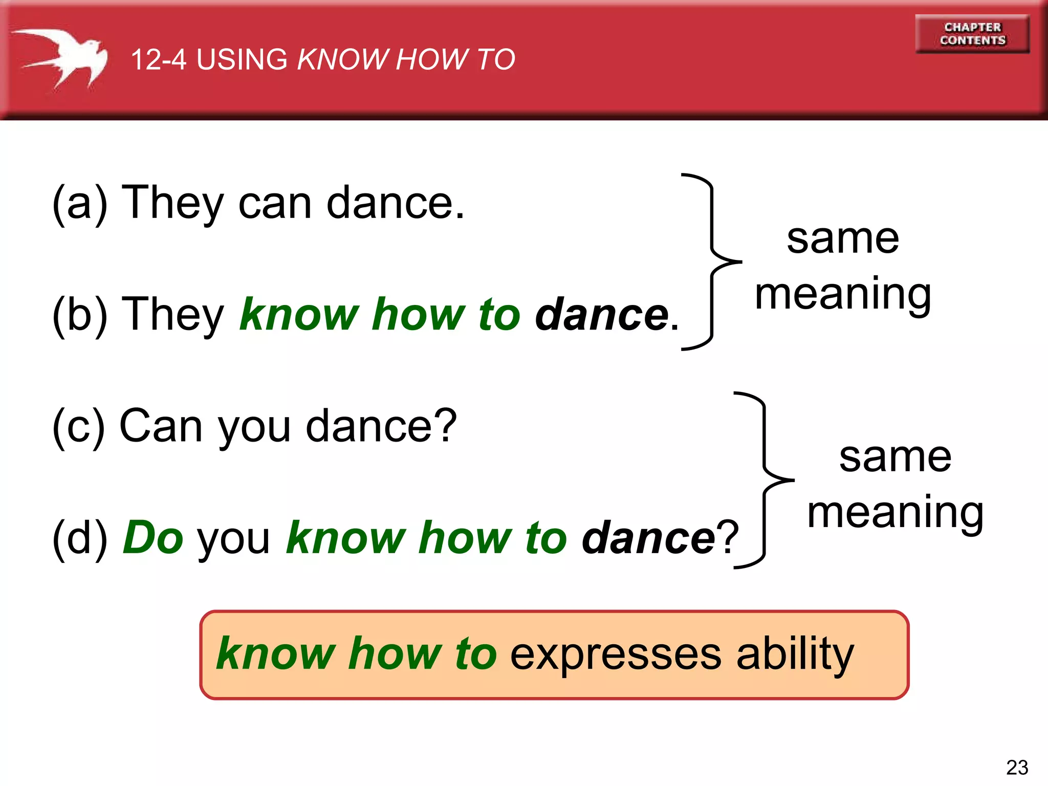 (a) They can dance. (b) They  know how to   dance . (c) Can you dance? (d)  Do  you  know how to   dance ? know how to  expresses ability 12-4 USING  KNOW HOW TO same meaning same meaning 