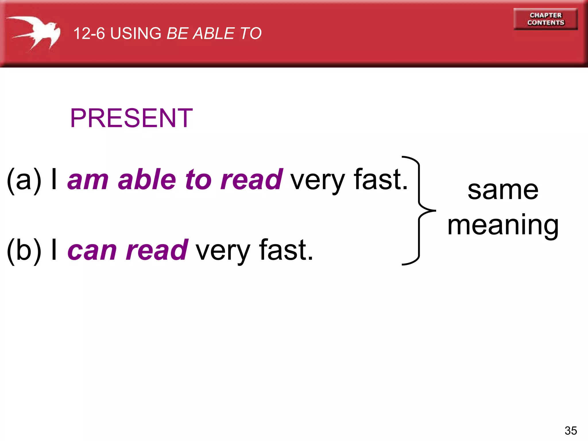 (a) I  am able to read  very fast.  (b) I  can read  very fast. PRESENT 12-6 USING  BE ABLE TO same meaning 