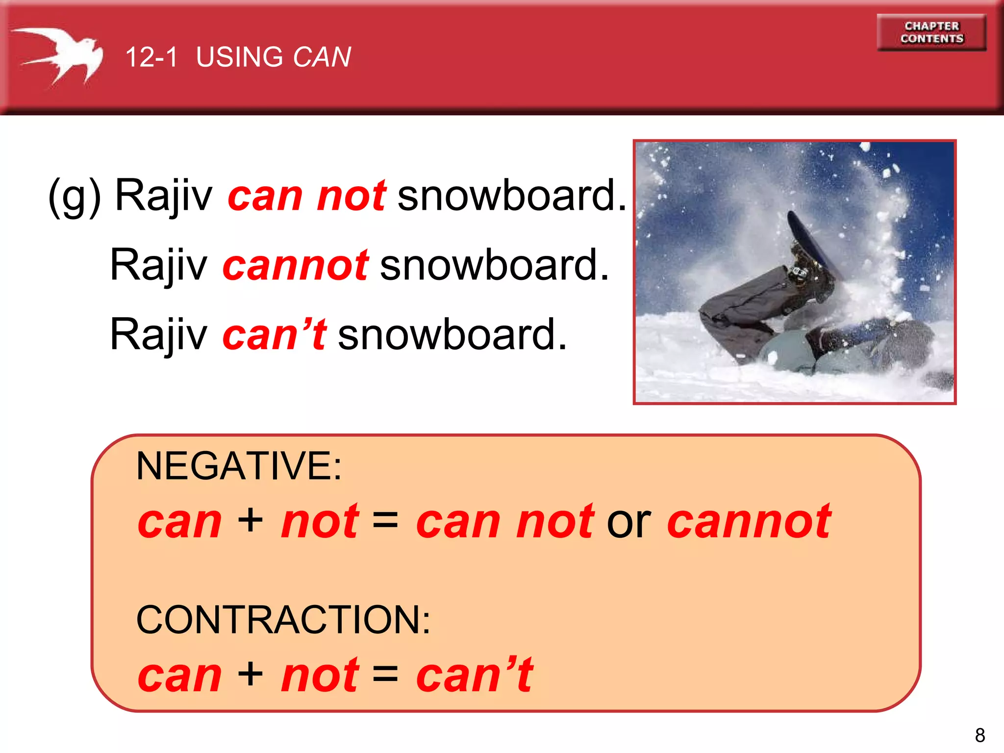 NEGATIVE:  can  +  not  =  can not  or  cannot CONTRACTION:  can  +  not  =  can’t (g) Rajiv  can not  snowboard. Rajiv  cannot   snowboard. Rajiv  can’t  snowboard. 12-1  USING  CAN 