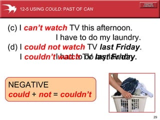 (c) I  can’t watch  TV this afternoon.  I have to do my laundry. (d) I  could not watch  TV  last Friday . I had to do my laundry. I  couldn’t watch  TV  last Friday . NEGATIVE could  +  not  =  couldn’t 12-5 USING  COULD:  PAST OF  CAN 