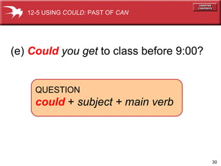 (e)  Could   you get  to class before 9:00? QUESTION could  +  subject   + main verb 12-5 USING  COULD:  PAST OF  CAN 