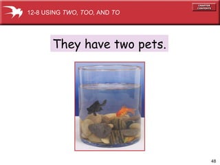 They have two pets. 12-8 USING  TWO, TOO,  AND  TO 
