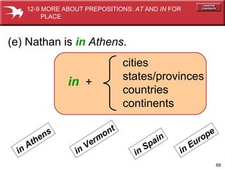 (e) Nathan is  in   Athens . in   + cities states/provinces countries continents in Athens in Vermont in Spain in Europe 12-9 MORE ABOUT PREPOSITIONS:  AT  AND  IN  FOR  PLACE 