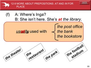 used with usually at  is (f)  A: Where’s Inga? B: She isn’t here. She’s  at   the library . the post office the bank the bookstore the park the theater the  restaurant the football stadium 12-9 MORE ABOUT PREPOSITIONS:  AT  AND  IN  FOR  PLACE 