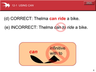 (d) CORRECT: Thelma  can ride  a bike. (e) INCORRECT: Thelma  can   to ride  a bike. 12-1  USING  CAN infinitive  with to can 