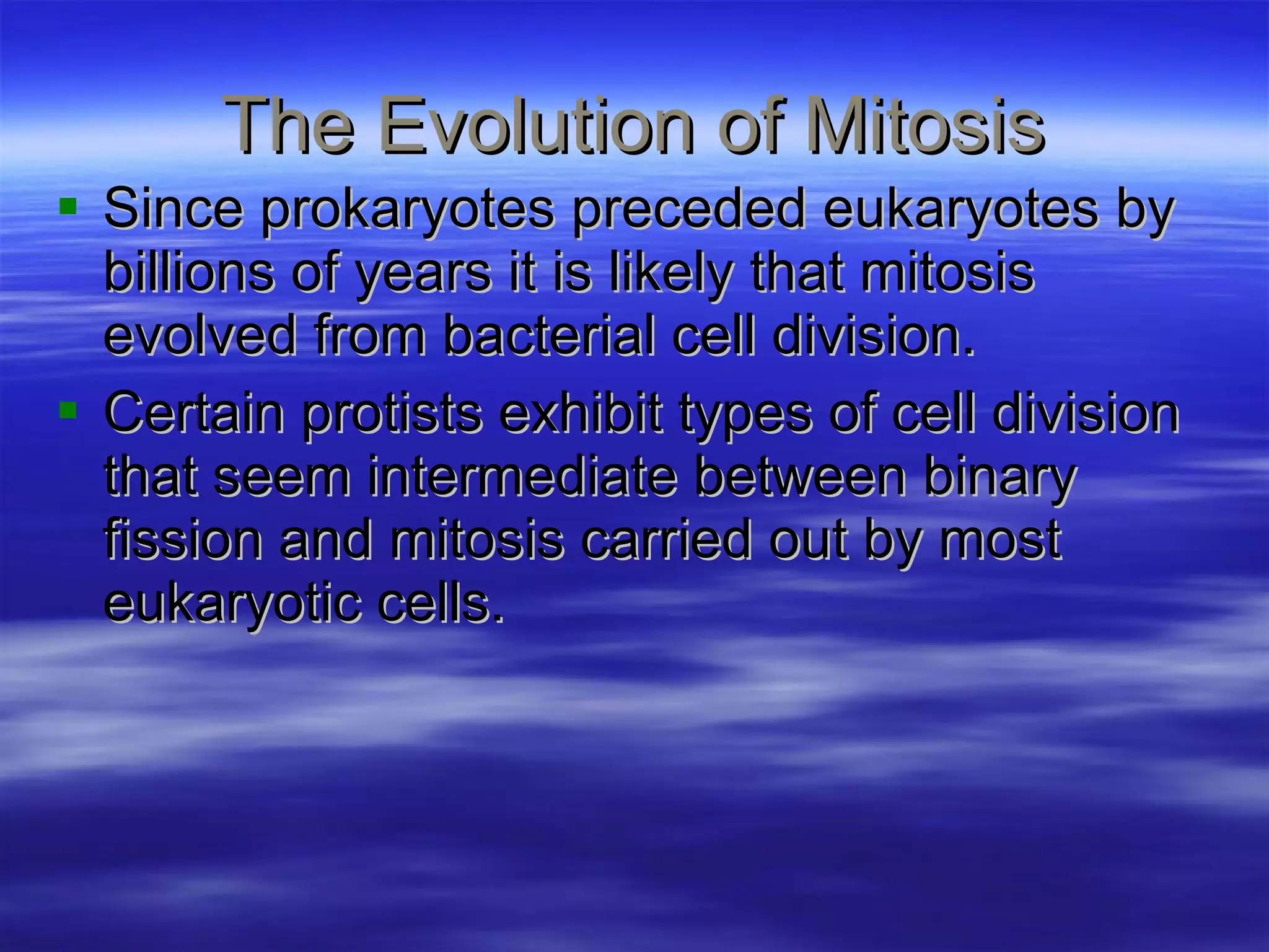 The Evolution of Mitosis Since prokaryotes preceded eukaryotes by billions of years it is likely that mitosis evolved from bacterial cell division. Certain protists exhibit types of cell division that seem intermediate between binary fission and mitosis carried out by most eukaryotic cells. 