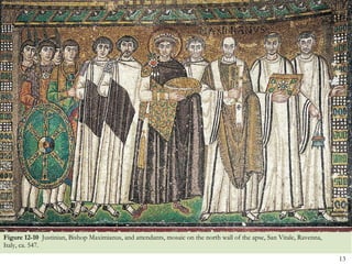 Figure 12-10  Justinian, Bishop Maximianus, and attendants, mosaic on the north wall of the apse, San Vitale, Ravenna, Italy, ca. 547.  