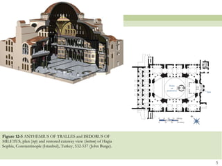 Figure 12-3  ANTHEMIUS OF TRALLES and ISIDORUS OF MILETUS, plan ( top ) and restored cutaway view ( bottom ) of Hagia Sophia, Constantinople (Istanbul), Turkey, 532-537 (John Burge). 