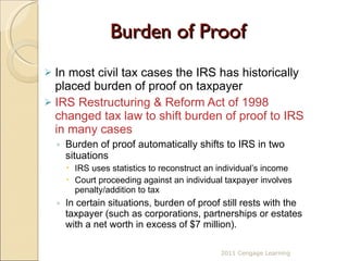 Burden of Proof In most civil tax cases the IRS has historically placed burden of proof on taxpayer IRS Restructuring & Reform Act of 1998 changed tax law to shift burden of proof to IRS in many cases Burden of proof automatically shifts to IRS in two situations IRS uses statistics to reconstruct an individual’s income Court proceeding against an individual taxpayer involves penalty/addition to tax In certain situations, burden of proof still rests with the taxpayer (such as corporations, partnerships or estates with a net worth in excess of $7 million). 2011 Cengage Learning 