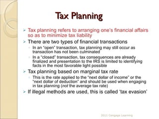 Tax Planning Tax planning refers to arranging one’s financial affairs so as to minimize tax liability There are two types of financial transactions In an “open” transaction, tax planning may still occur as transaction has not been culminated In a “closed” transaction, tax consequences are already finalized and presentation to the IRS is limited to identifying facts in the most favorable light possible Tax planning based on marginal tax rate This is the rate applied to the “next dollar of income” or the “next dollar of deduction” and should be used when engaging in tax planning ( not  the average tax rate) If illegal methods are used, this is called ‘tax evasion’ 2011 Cengage Learning 