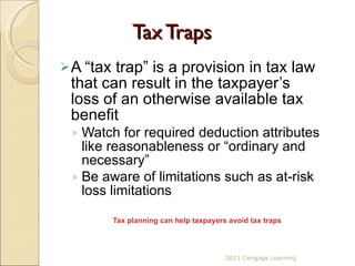 Tax Traps  A “tax trap” is a provision in tax law that can result in the taxpayer’s loss of an otherwise available tax benefit Watch for required deduction attributes like reasonableness or “ordinary and necessary” Be aware of limitations such as at-risk loss limitations Tax planning can help taxpayers avoid tax traps 2011 Cengage Learning 