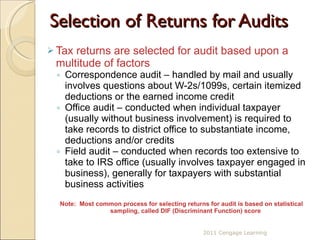 Selection of Returns for Audits Tax returns are selected for audit based upon a multitude of factors  Correspondence audit – handled by mail and usually involves questions about W-2s/1099s, certain itemized deductions or the earned income credit Office audit – conducted when individual taxpayer (usually without business involvement) is required to take records to district office to substantiate income, deductions and/or credits Field audit – conducted when records too extensive to take to IRS office (usually involves taxpayer engaged in business), generally for taxpayers with substantial business activities Note:  Most common process for selecting returns for audit is based on statistical sampling, called DIF (Discriminant Function) score 2011 Cengage Learning 