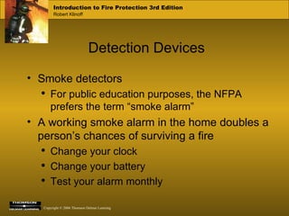 Detection Devices Smoke detectors For public education purposes, the NFPA prefers the term “smoke alarm” A working smoke alarm in the home doubles a person’s chances of surviving a fire Change your clock Change your battery Test your alarm monthly 