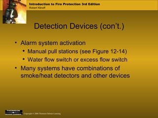 Detection Devices (con’t.) Alarm system activation Manual pull stations (see Figure 12-14) Water flow switch or excess flow switch Many systems have combinations of smoke/heat detectors and other devices 