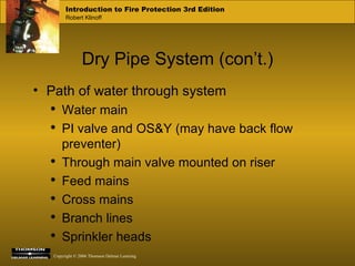 Dry Pipe System (con’t.) Path of water through system Water main PI valve and OS&Y (may have back flow preventer) Through main valve mounted on riser Feed mains Cross mains  Branch lines  Sprinkler heads 