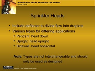 Sprinkler Heads Include deflector to divide flow into droplets Various types for differing applications Pendant: head down  Upright: head upright Sidewall: head horizontal Note : Types are not interchangeable and should  only be used as designed 