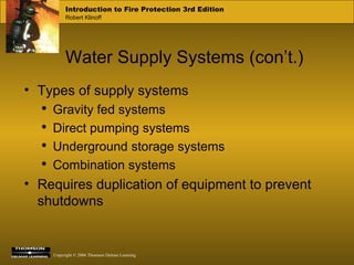 Water Supply Systems (con’t.) Types of supply systems Gravity fed systems Direct pumping systems Underground storage systems Combination systems Requires duplication of equipment to prevent shutdowns 