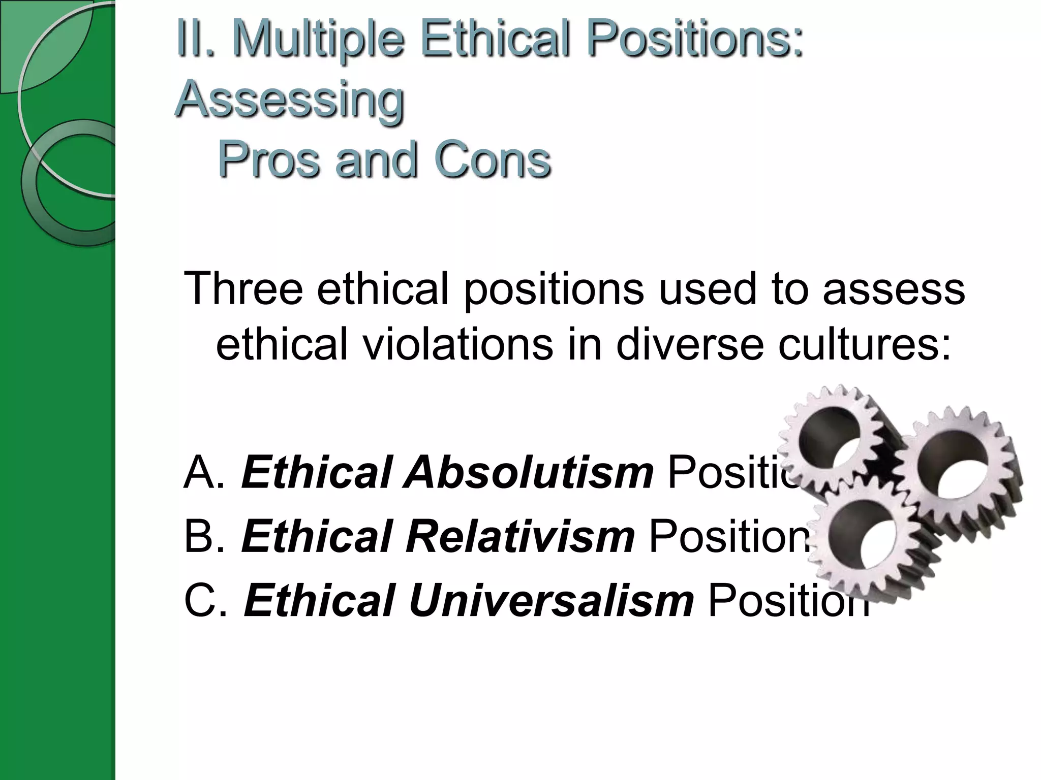 II. Multiple Ethical Positions:
Assessing
   Pros and Cons

Three ethical positions used to assess
 ethical violations in diverse cultures:

A. Ethical Absolutism Position
B. Ethical Relativism Position
C. Ethical Universalism Position
 