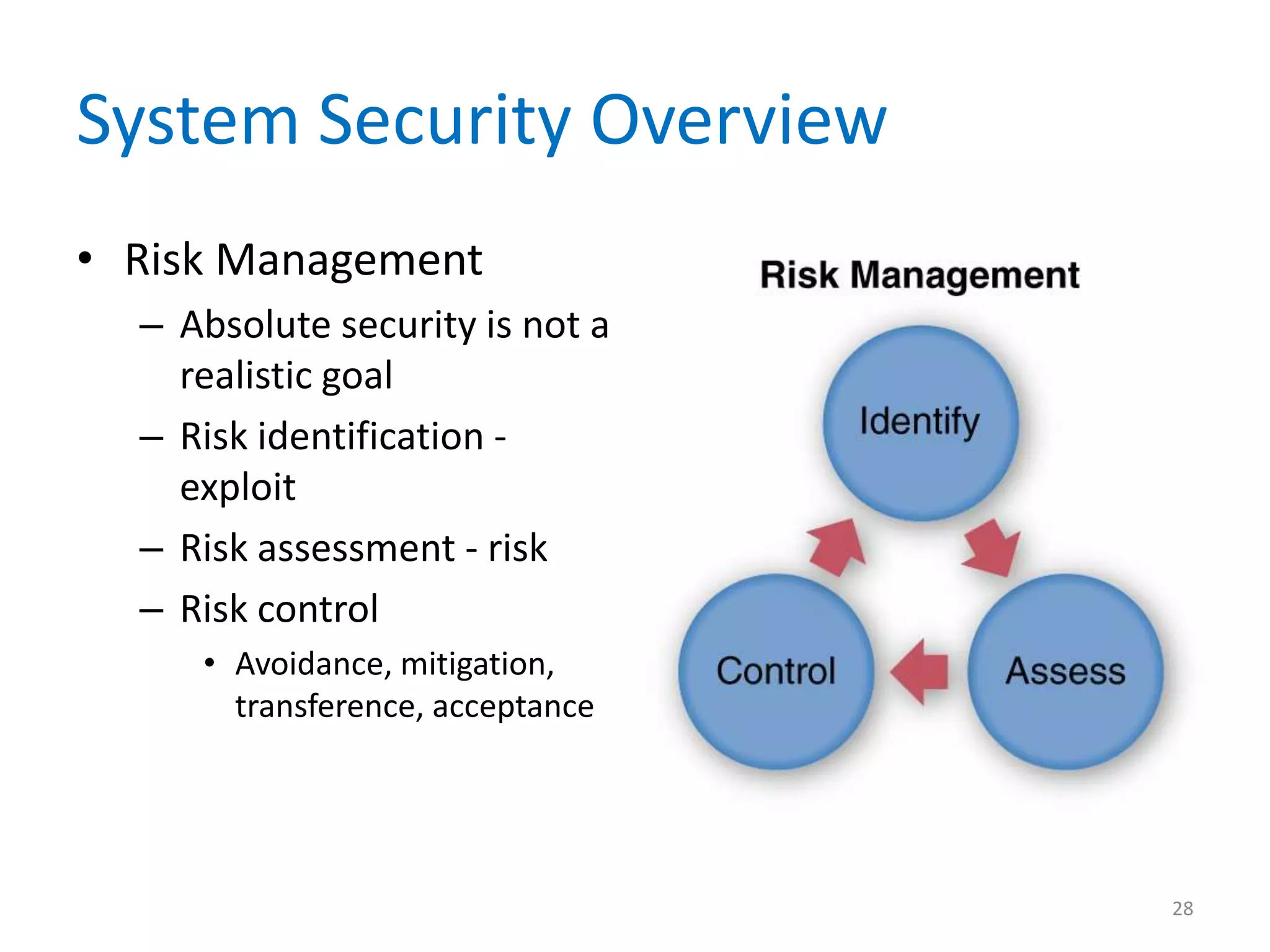 System Security Overview
• Risk Management
– Absolute security is not a
realistic goal
– Risk identification -
exploit
– Risk assessment - risk
– Risk control
• Avoidance, mitigation,
transference, acceptance
28
 