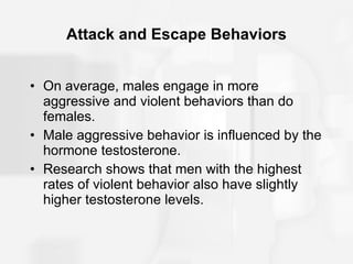 Attack and Escape Behaviors On average, males engage in more  aggressive and violent behaviors than do females. Male aggressive behavior is influenced by the hormone testosterone. Research shows that men with the highest rates of violent behavior also have slightly higher testosterone levels. 