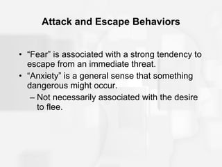 Attack and Escape Behaviors “Fear” is associated with a strong tendency to escape from an immediate threat. “Anxiety” is a general sense that something dangerous might occur. Not necessarily associated with the desire to flee. 