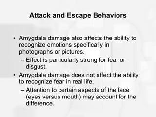 Attack and Escape Behaviors Amygdala damage also affects the ability to recognize emotions specifically in photographs or pictures. Effect is particularly strong for fear or disgust. Amygdala damage does not affect the ability to recognize fear in real life. Attention to certain aspects of the face (eyes versus mouth) may account for the difference. 