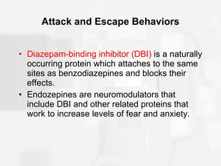 Attack and Escape Behaviors Diazepam-binding inhibitor (DBI)  is a naturally occurring protein which attaches to the same sites as benzodiazepines and blocks their effects. Endozepines are neuromodulators that include DBI and other related proteins that work to increase levels of fear and anxiety. 