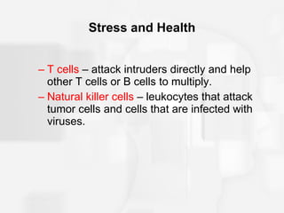 Stress and Health T cells  – attack intruders directly and help other T cells or B cells to multiply. Natural killer cells  – leukocytes that attack tumor cells and cells that are infected with viruses. 