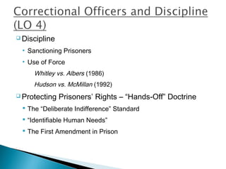  Discipline

 • Sanctioning Prisoners
 • Use of Force
     Whitley vs. Albers (1986)
     Hudson vs. McMillan (1992)
 Protecting   Prisoners’ Rights – “Hands-Off” Doctrine
  The “Deliberate Indifference” Standard
  “Identifiable Human Needs”
  The First Amendment in Prison
 