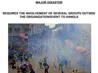 MAJOR DISASTER
REQUIRES THE INVOLVEMENT OF SEVERAL GROUPS OUTSIDE
THE ORGANIZATION/EVENT TO HANDLE
 