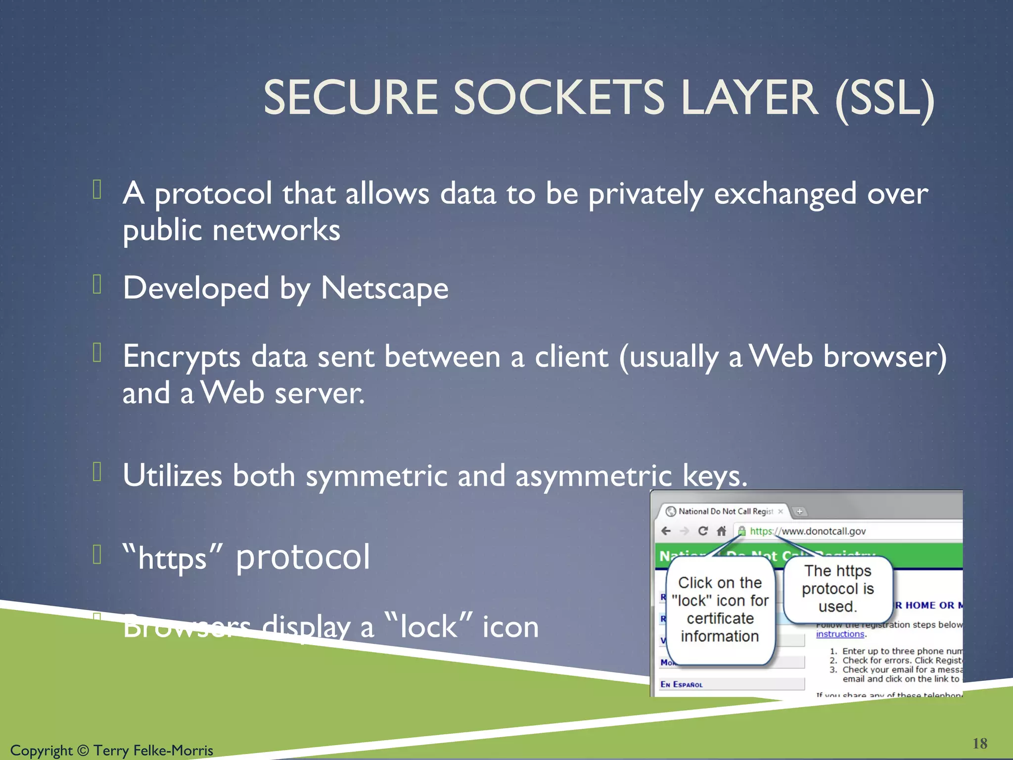 Copyright © Terry Felke-Morris
SECURE SOCKETS LAYER (SSL)
 A protocol that allows data to be privately exchanged over
public networks
 Developed by Netscape
 Encrypts data sent between a client (usually a Web browser)
and a Web server.
 Utilizes both symmetric and asymmetric keys.
 “https” protocol
 Browsers display a “lock” icon
18
 